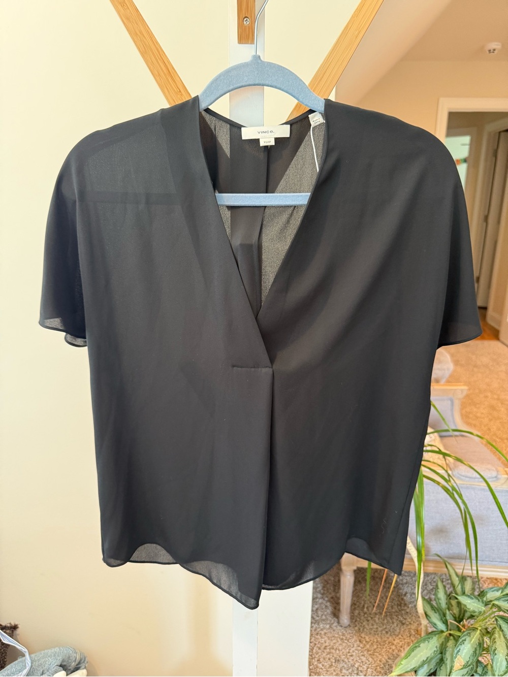 Vince Black Short-Sleeve V-Neck Blouse - Lightweight Draped Silhouette